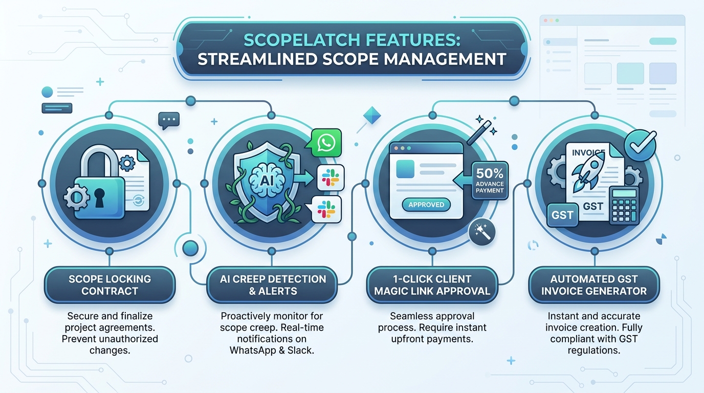 ScopeLatch Core Features Infographic: Scope Locking Contract, AI Creep Detection, 1-Click Magic Link Approval, Automated GST Invoice Generator