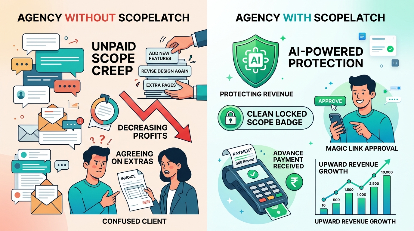 Infographic: Agency Without ScopeLatch with unpaid scope creep and confused client vs Agency With ScopeLatch with AI protection, clean locked scope, and advance payment received